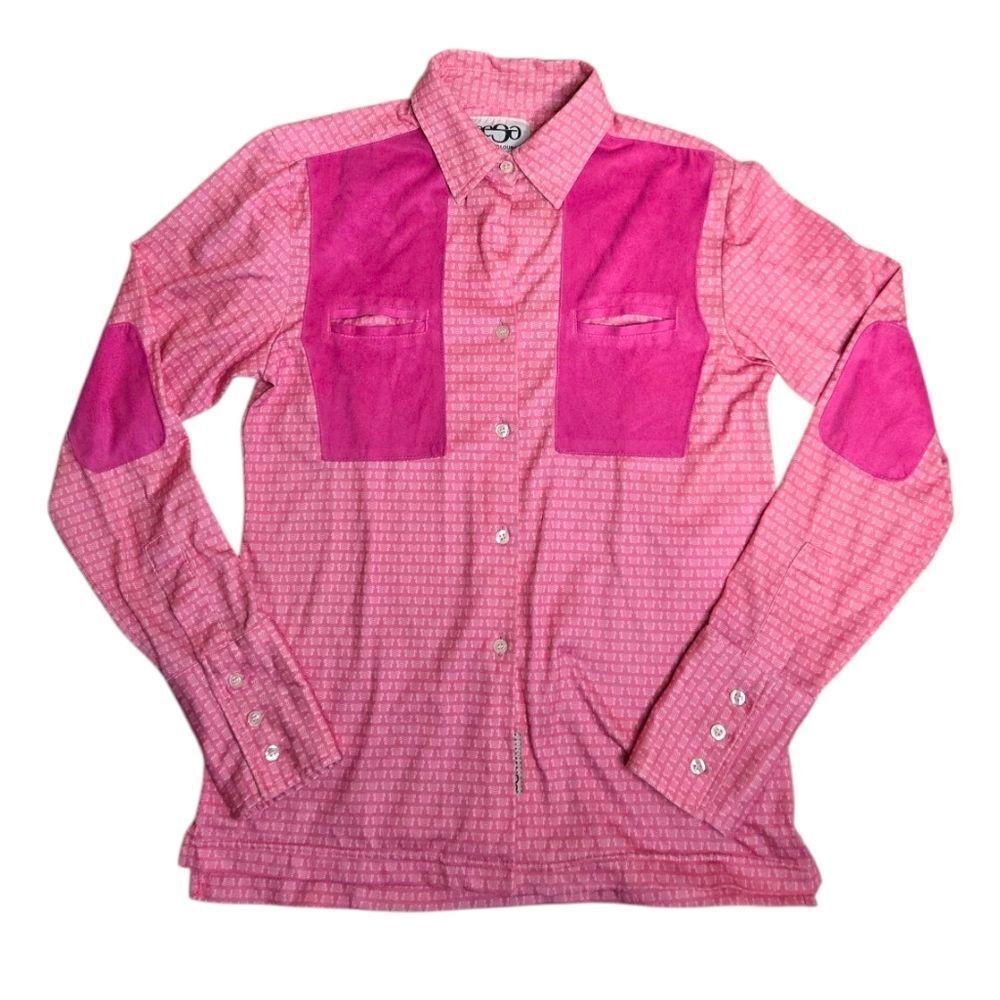 Y2K EESA ski snowboard pink elbow patch button up athleisure top L